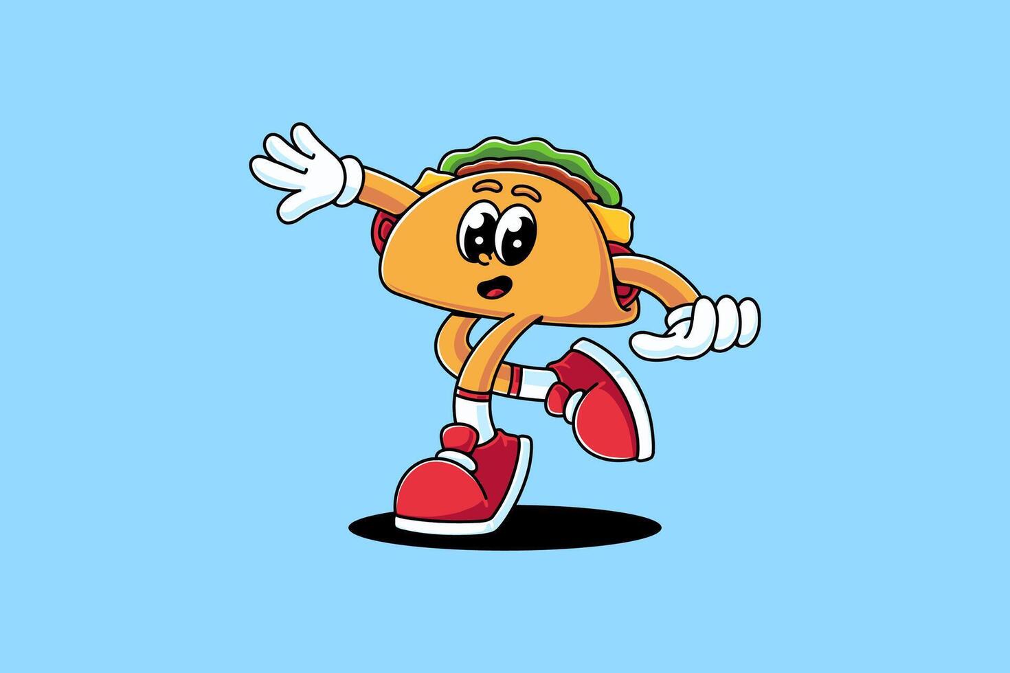 taco mexican food retro cartoon character mascot illustration with dancing pose and showing hands like floating for restaurant, food court, cafe mascots and merchandise vector