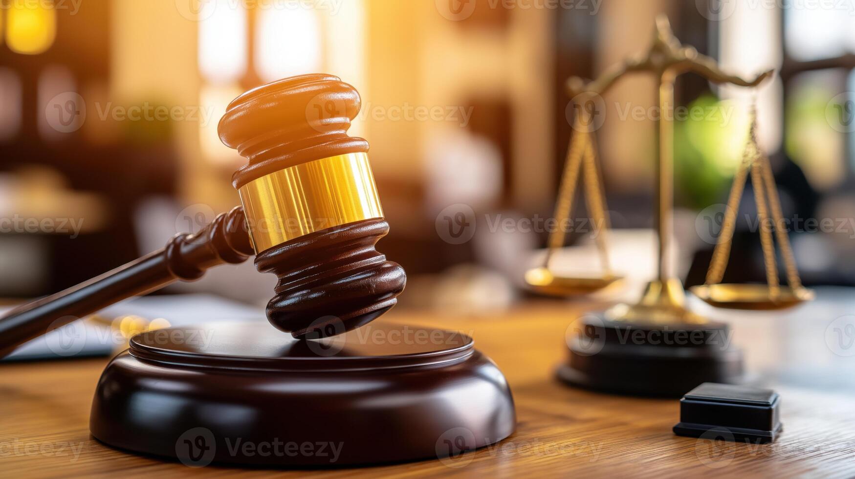 Judge's gavel striking sound block with scales of justice in background, symbolizing law, justice, and legal decisions photo
