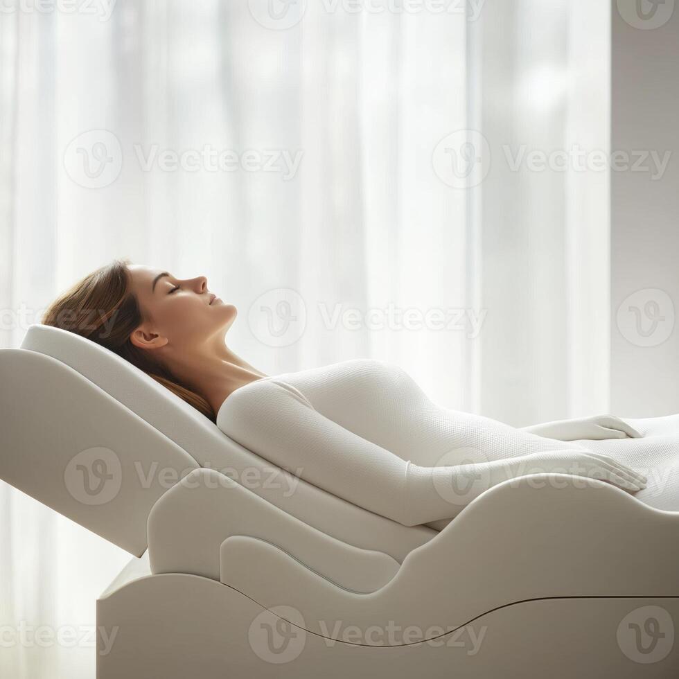 Client enjoying a spa treatment, lying on a massage table, promoting relaxation and wellness photo
