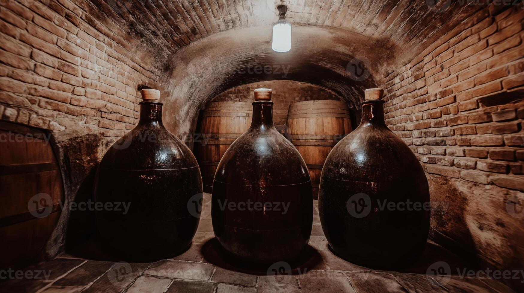Wine aging in large glass demijohns and oak barrels in a traditional brick cellar, creating an atmosphere of timeless craftsmanship photo