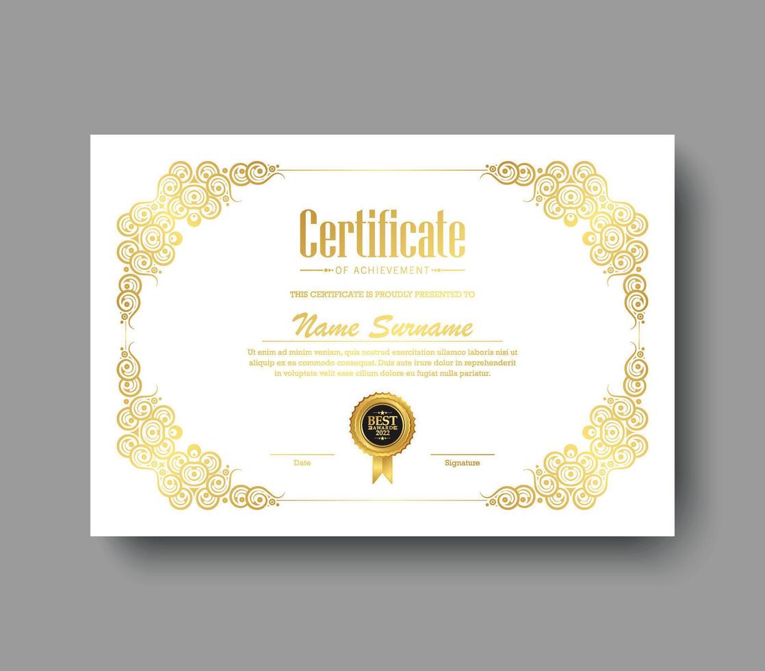 Luxury white and gold certificate of achievement with gold frame color vector
