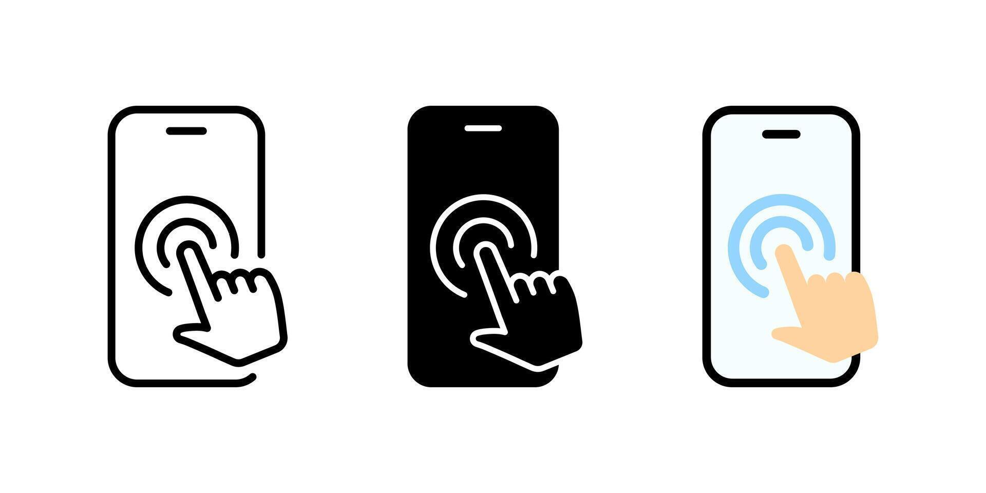 Mobile phone touch screen icon. Hand pointer gesture. Display finger click, press or tap illustration. Touch screen web interface swipe button concept. Hand cursor mobile phone display sign. vector