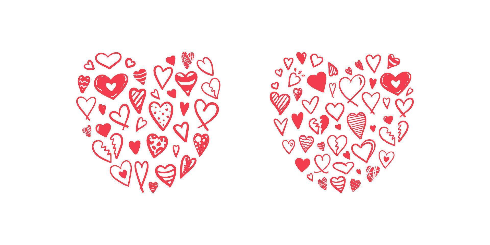 Heart shape made of various red hand-drawn hearts on white background in flat style vector