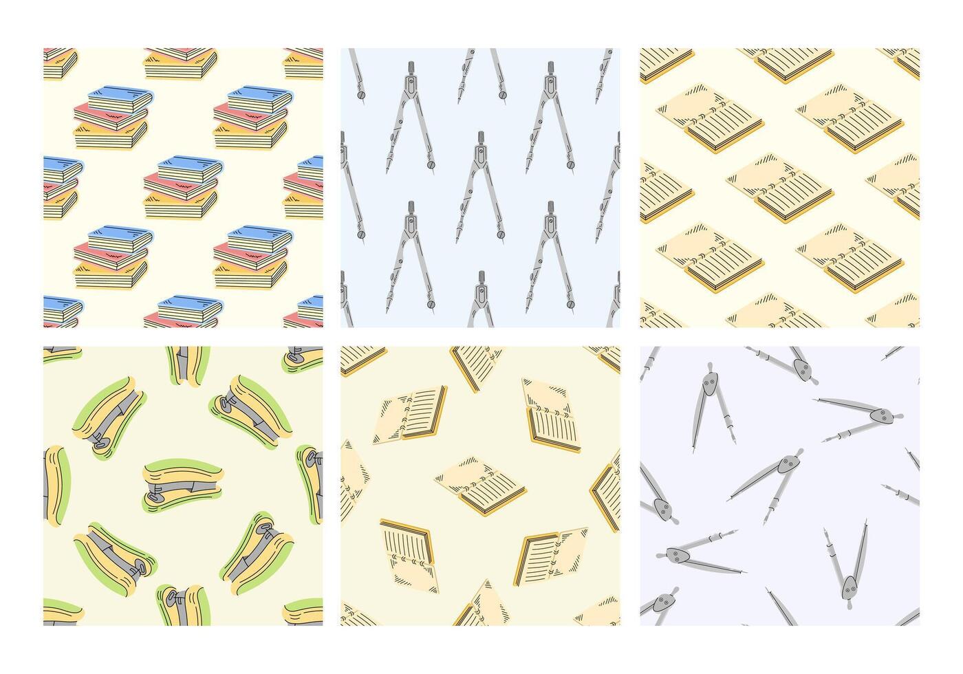 Set of seamless patterns with books, compasses and stationery in flat style vector