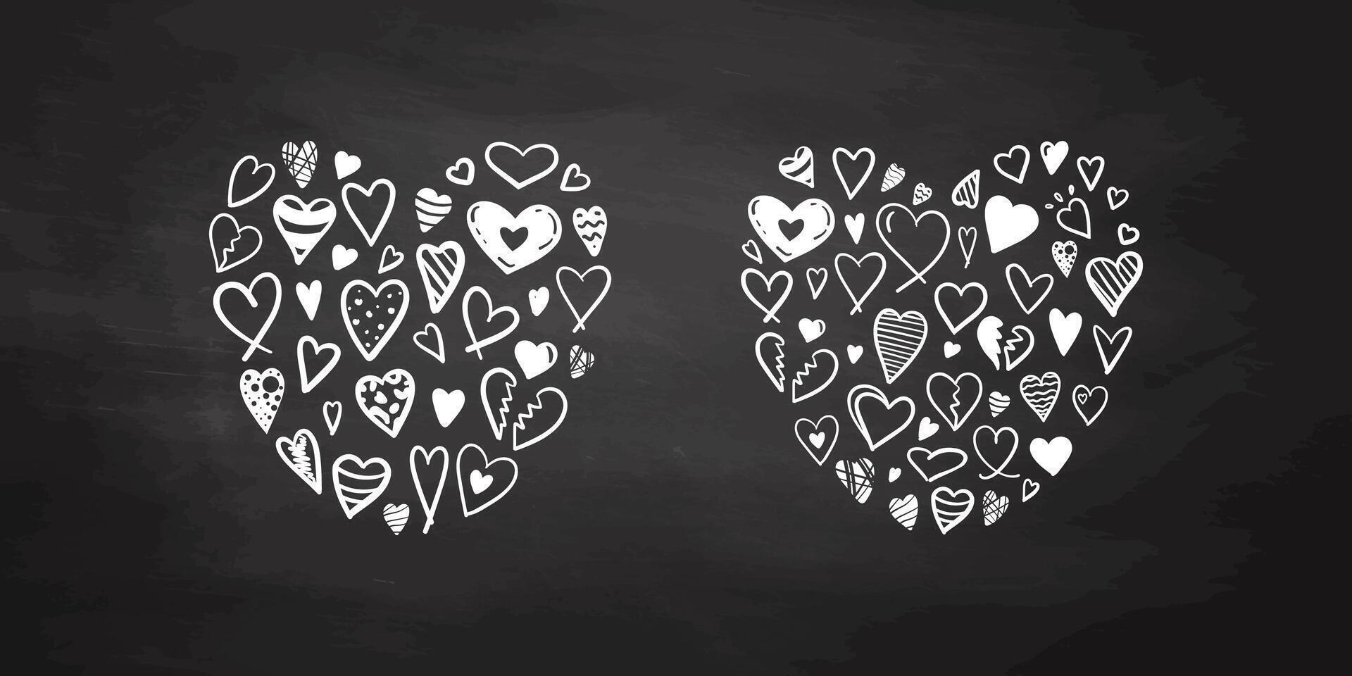 Heart shapes made of various white doodle hearts on black chalkboard background in flat style vector
