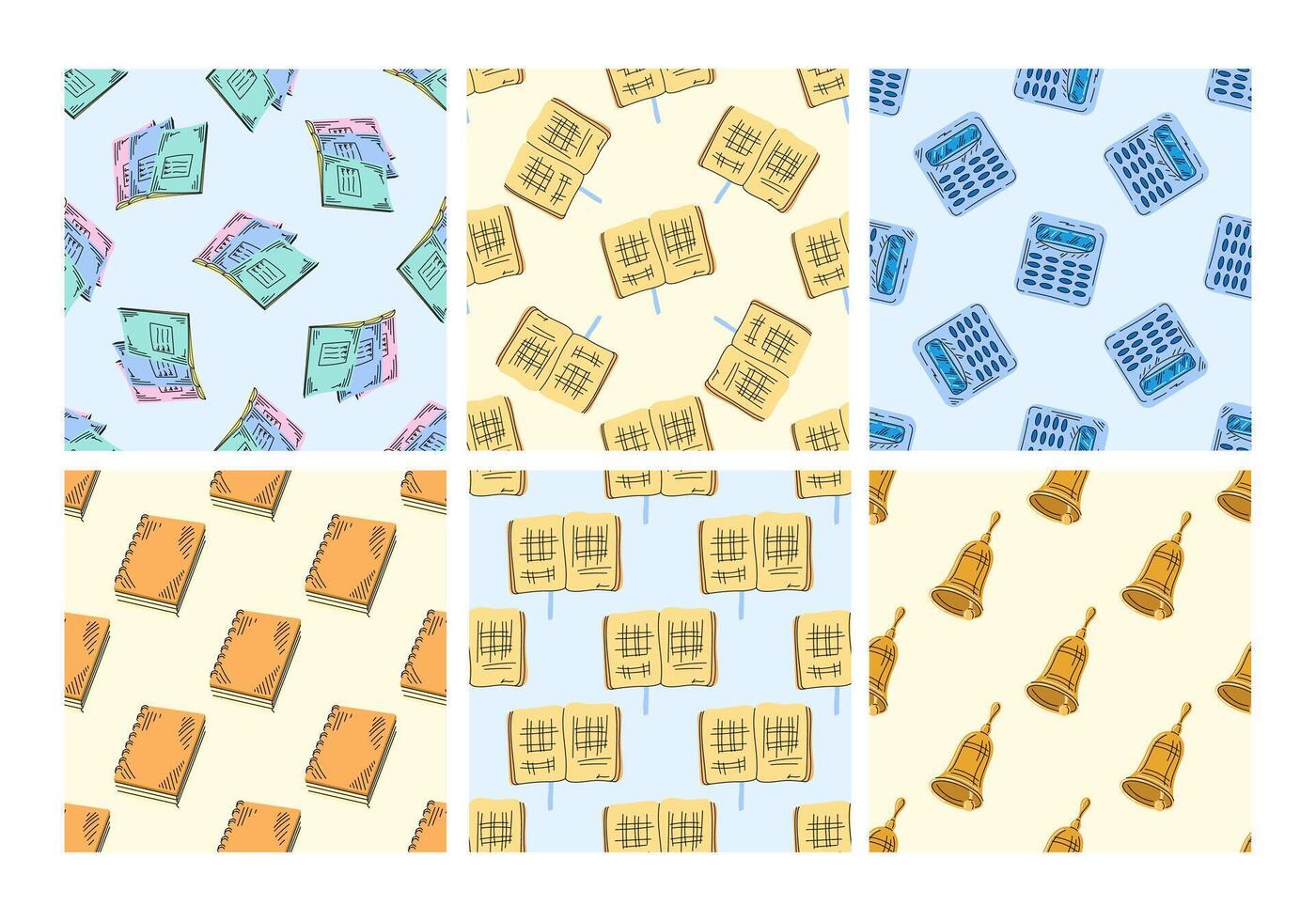 Set of seamless patterns with school notebooks, calculators and bells in flat style vector