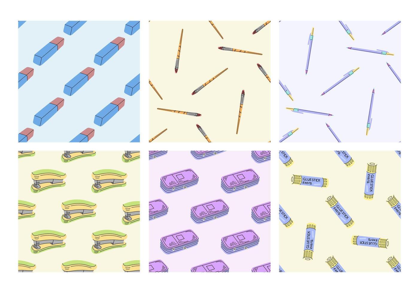 Set of seamless patterns with school and office supplies in flat style vector