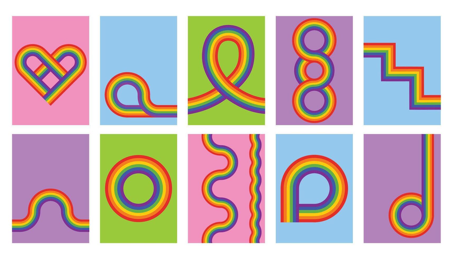 Set of LGBTQ rainbow posters. Arch or midcentury cards or backgrounds. Bright collection of different rainbow shapes. Red, orange, yellow, green, blue, purple textured stripes. Gay pride LGBT flag. vector