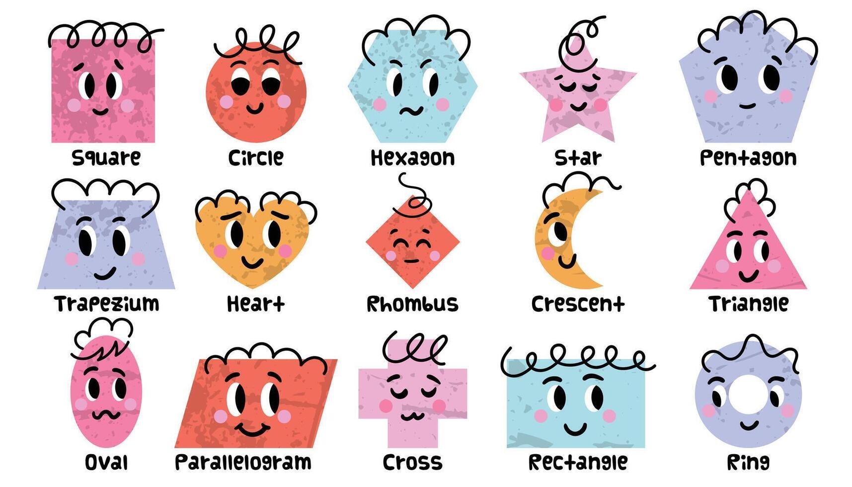 Set of cartoon basic geometric shapes with face smiling. Funny shapes educational material for preschool kids. Hand drawn trendy collection for kids isolated on white background. vector