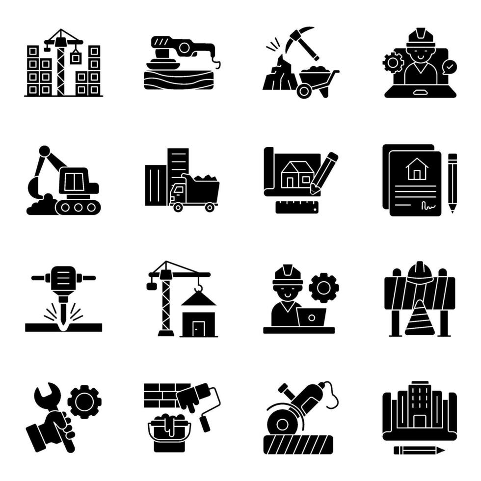 Set of Construction, Erection Solid icons vector