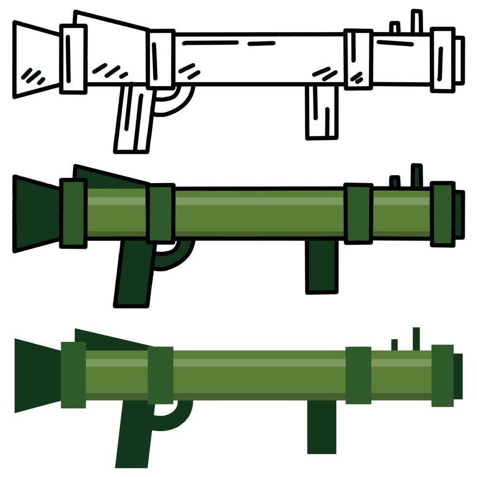 Bazooka gun. Rocket rpg launcher. War and battle element. Explosive missile handgun. Flat grenade military firearm. Cannon or rifle weapon. vector