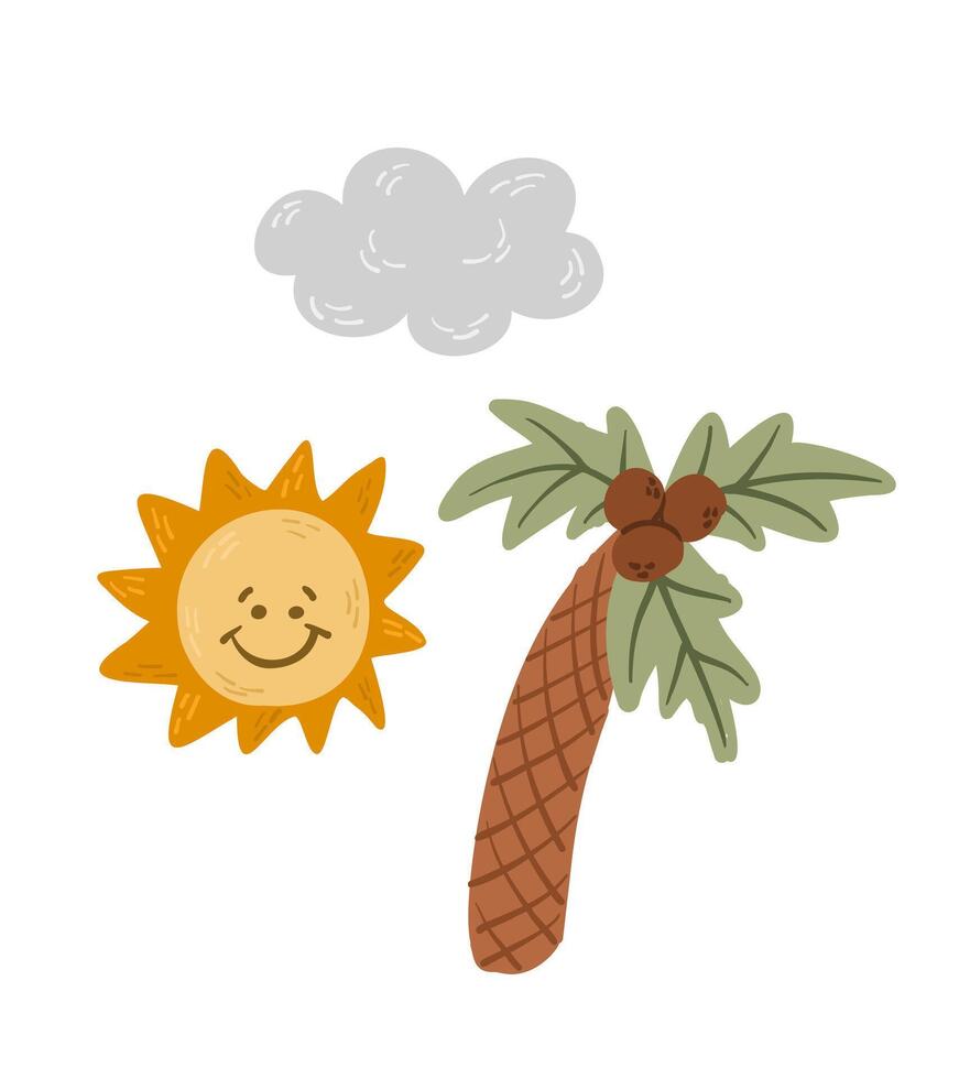 Cute illustration of smiling sun, a coconut palm tree, and a fluffy cloud in a playful style, perfect for kids designs, educational materials, or tropical projects vector