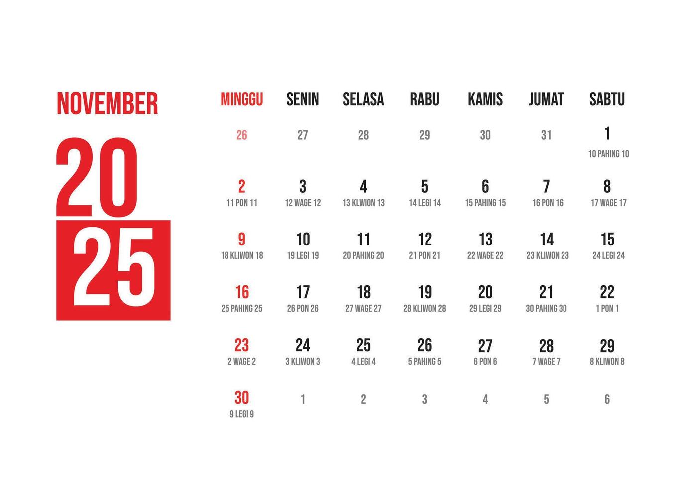 Elegant minimalist design indonesian calendar november 2025 vector