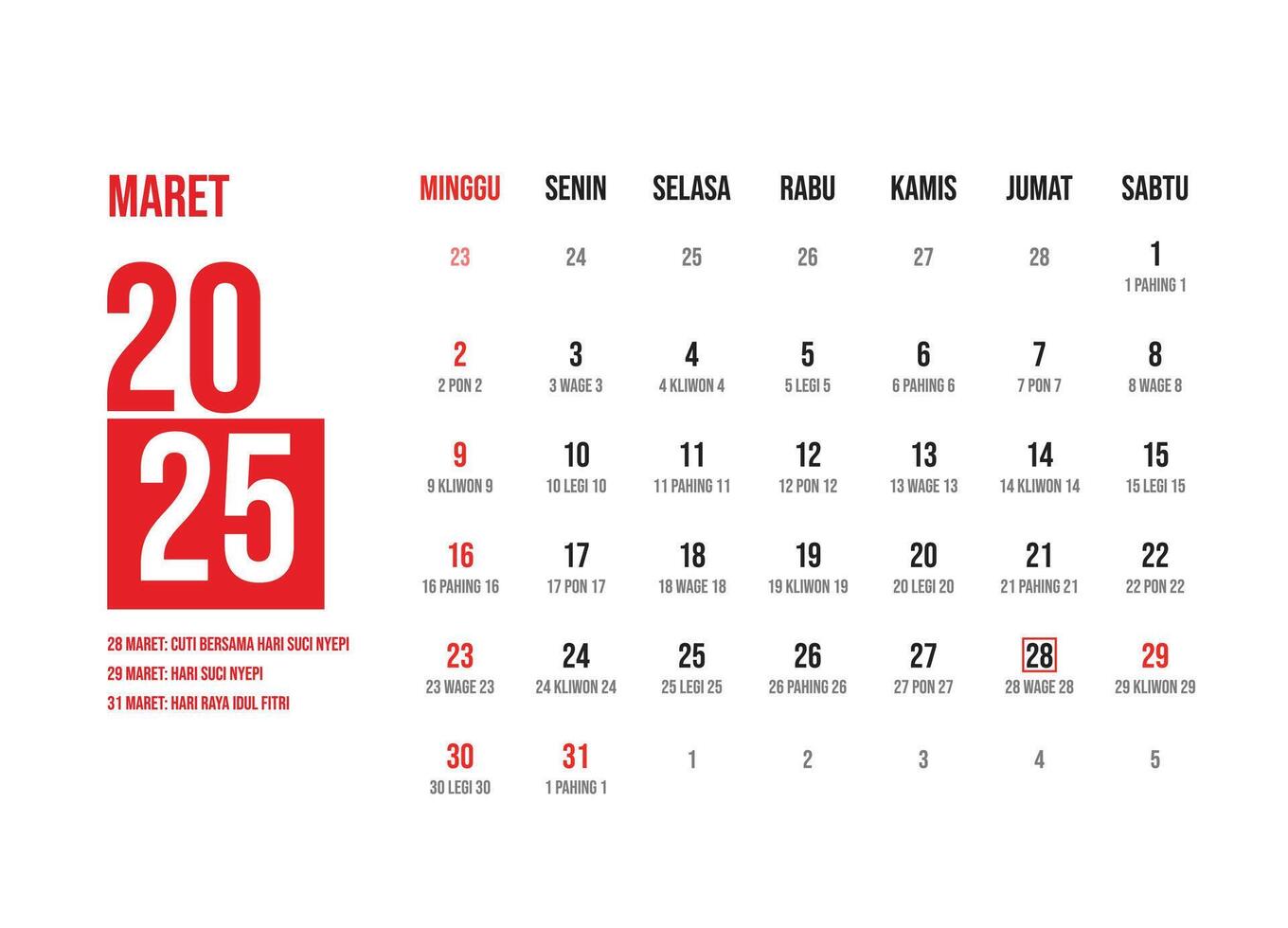 Elegant minimalist design indonesian calendar march 2025 vector
