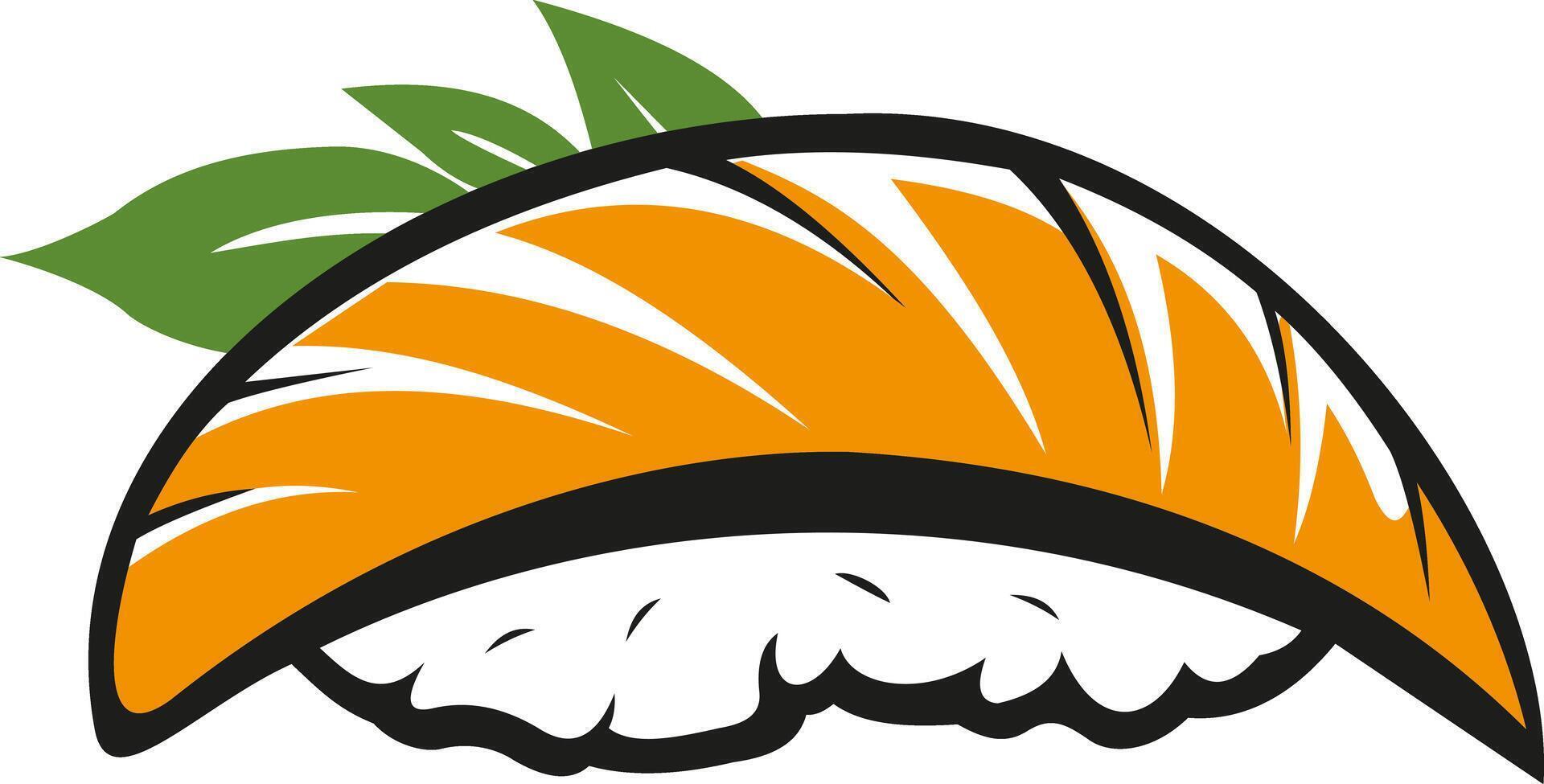 Piece of salmon nigiri sushi with fresh fish on rice with green leaves. Japanese culinary art vector