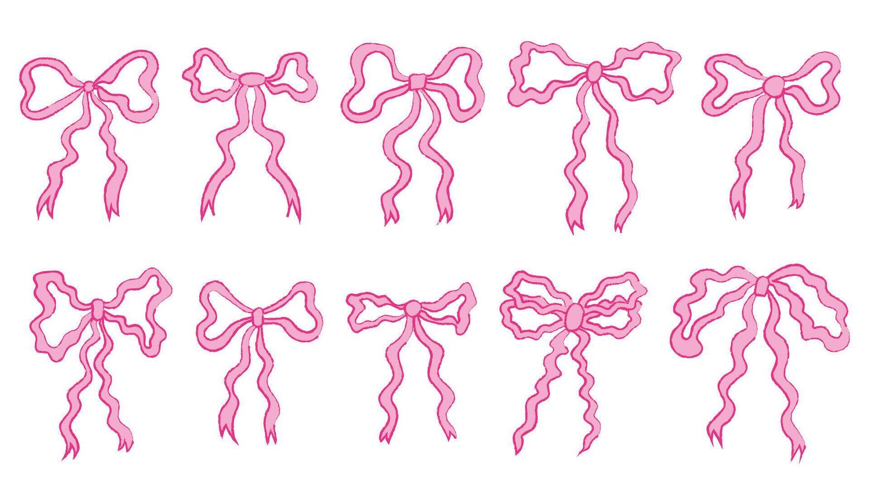 Set of different cute pink bows. Hand drawn silk bows. Trendy gift ribbons, holidays present box decor. Bowknots in hand-drawn and flat styles vector