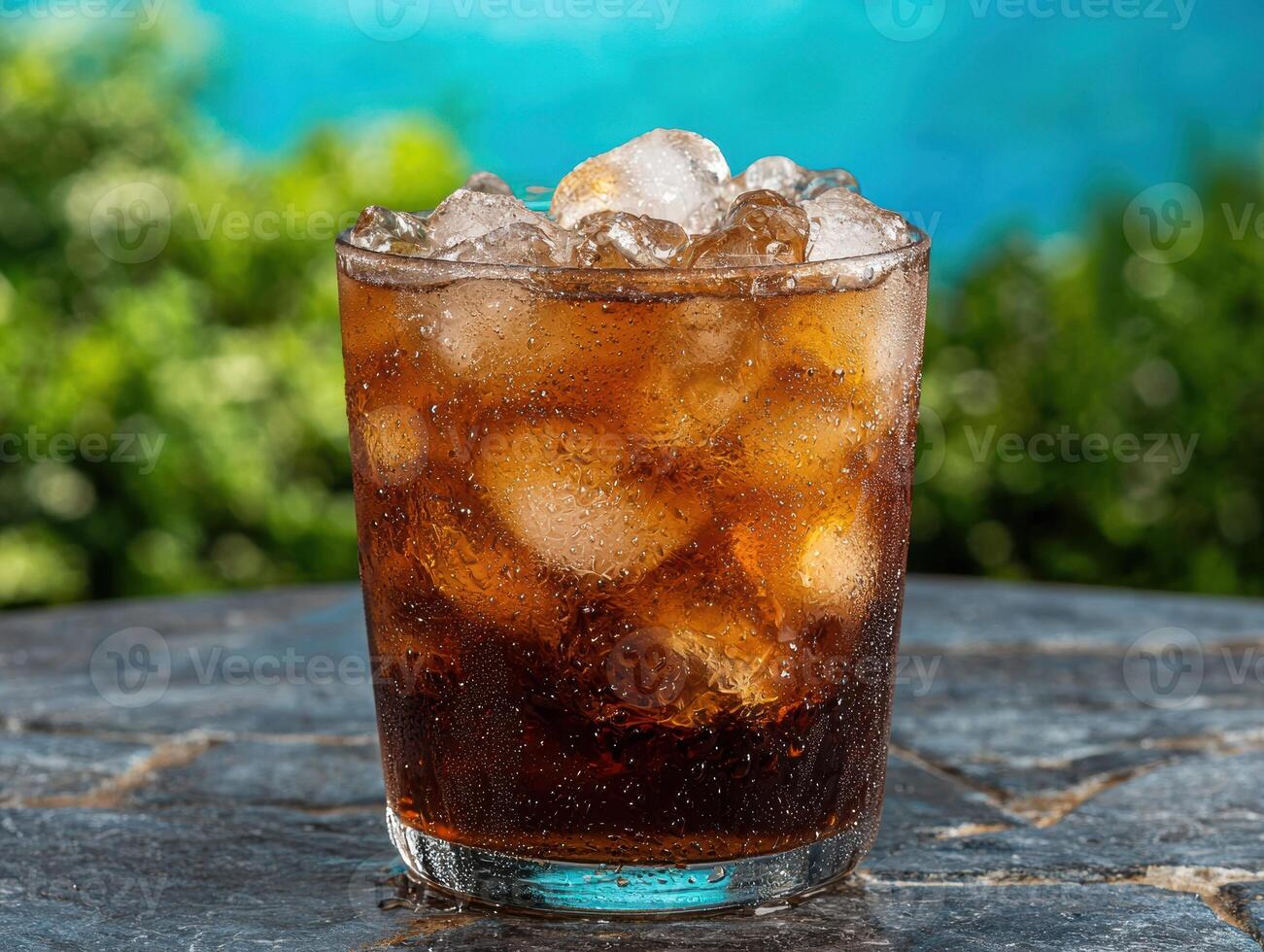 Refreshing cola drink with ice in a glass on a patio table photo