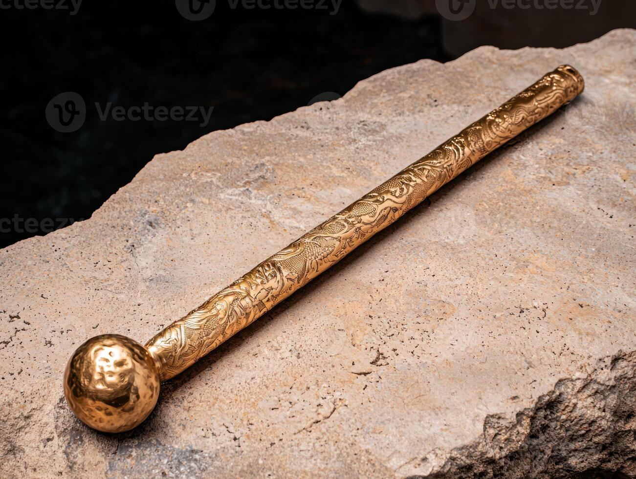 Ornate golden ritual staff with a hammered ball head resting on a stone photo