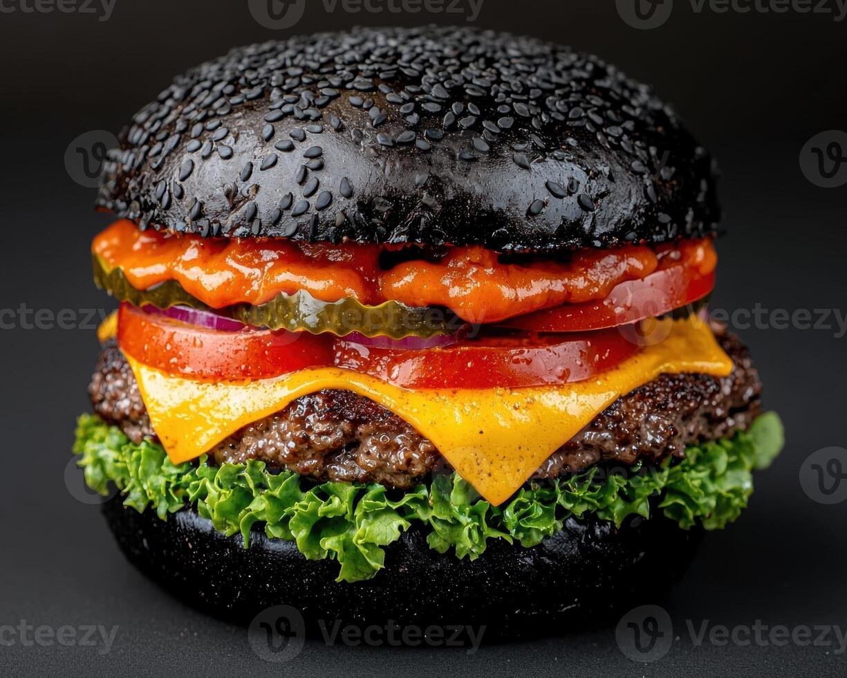 Close up of a delicious black burger with cheese, lettuce, tomato, and onion photo