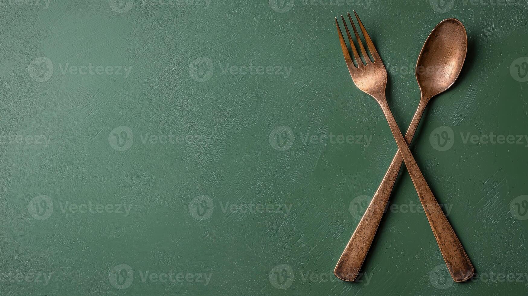 Rustic copper spoon and fork on green background photo