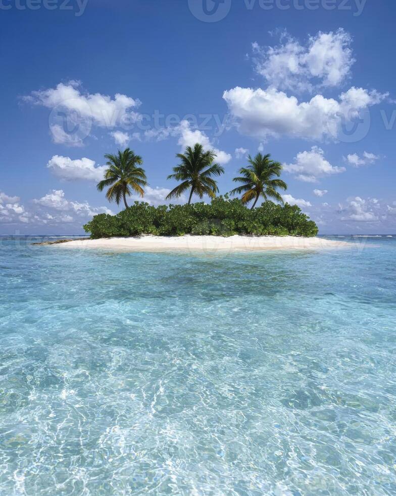 Secluded tropical island paradise with palm trees and crystal clear water photo