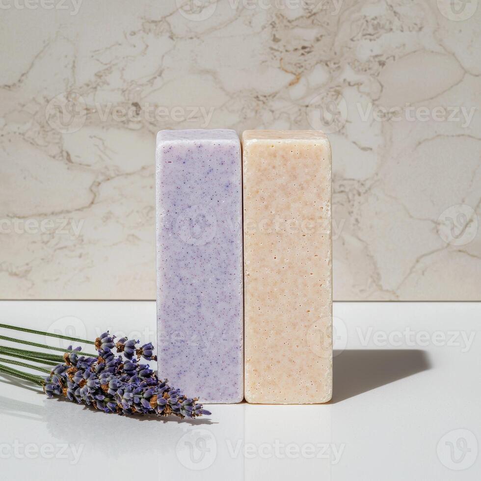 Two bars of handmade soap with lavender and natural ingredients photo