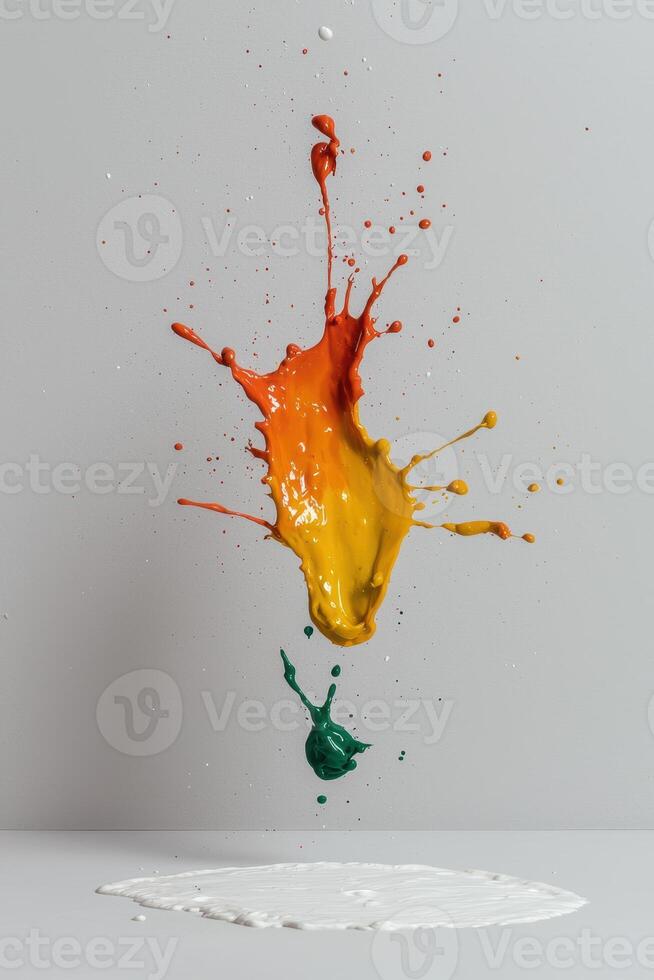 Vibrant paint splash in mid air, creating a colorful explosion against a white background photo