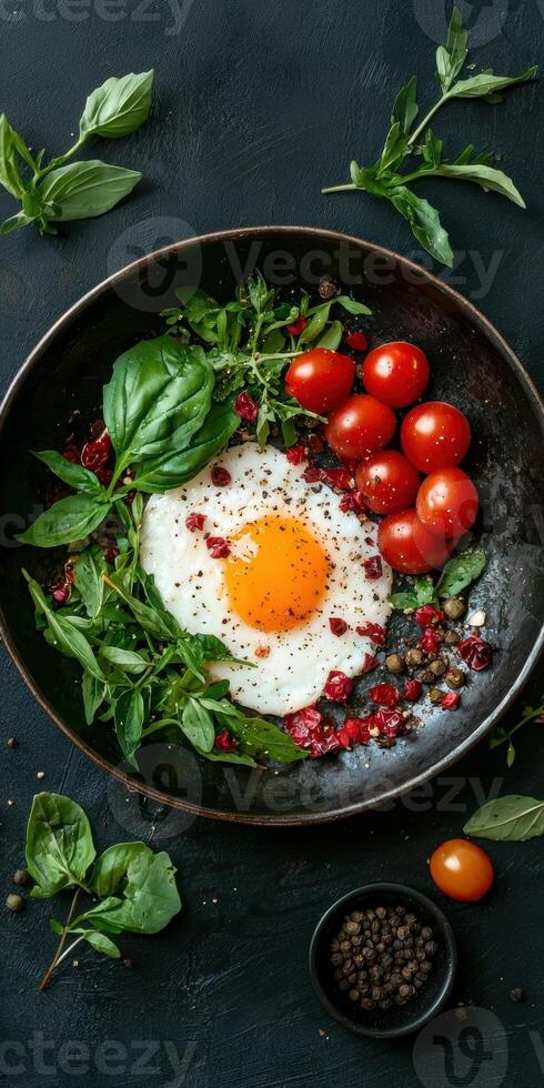 Fried egg with cherry tomatoes and fresh herbs in a skillet photo