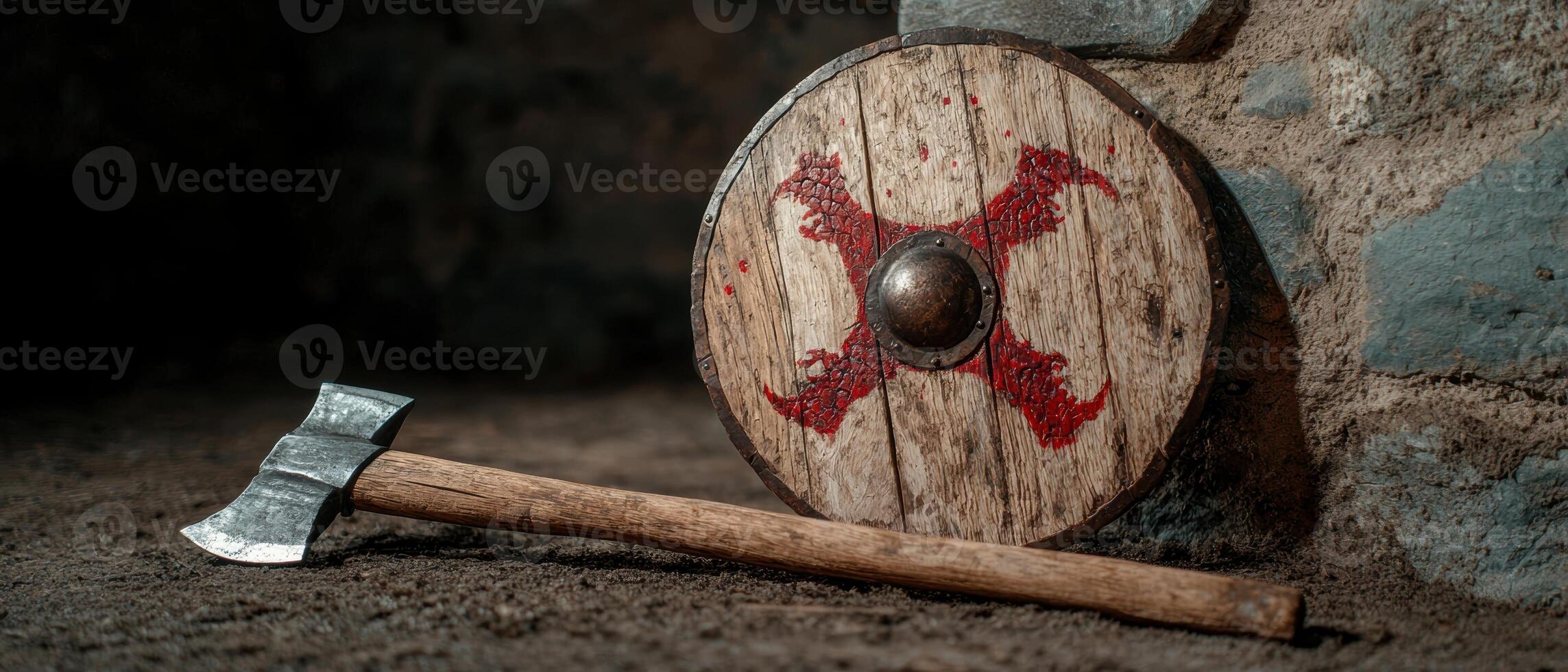 Medieval axe and shield on the ground photo