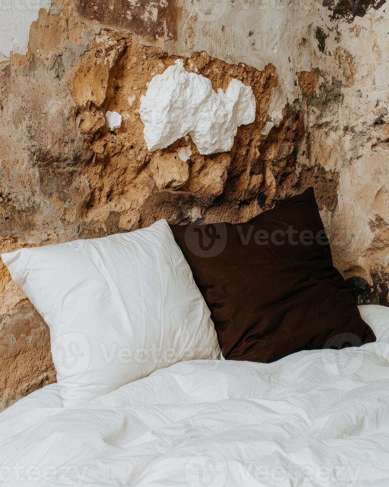 Cozy bedroom with white bedding and pillows against a rustic stone wall photo