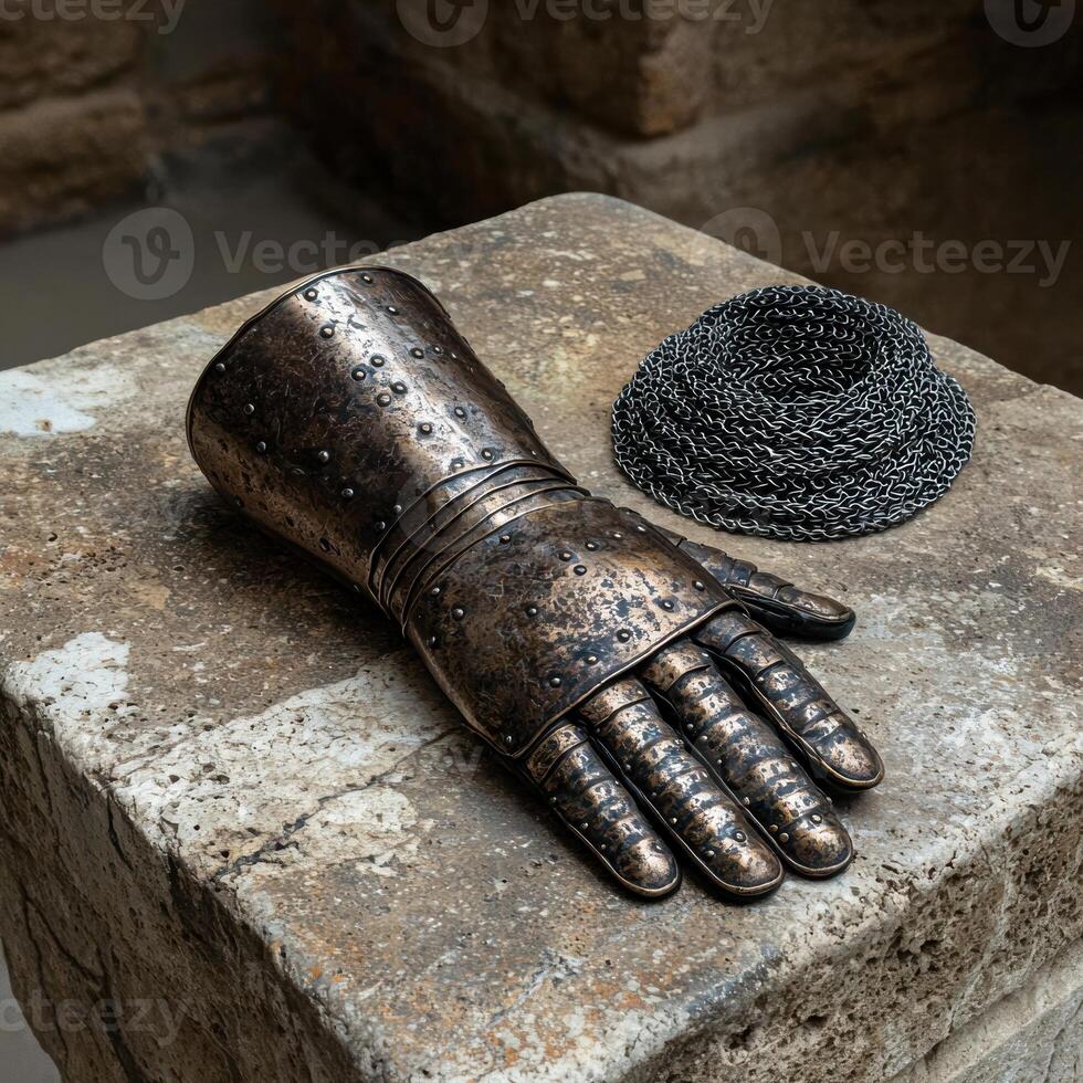 Medieval knights gauntlet and chainmail on stone surface photo