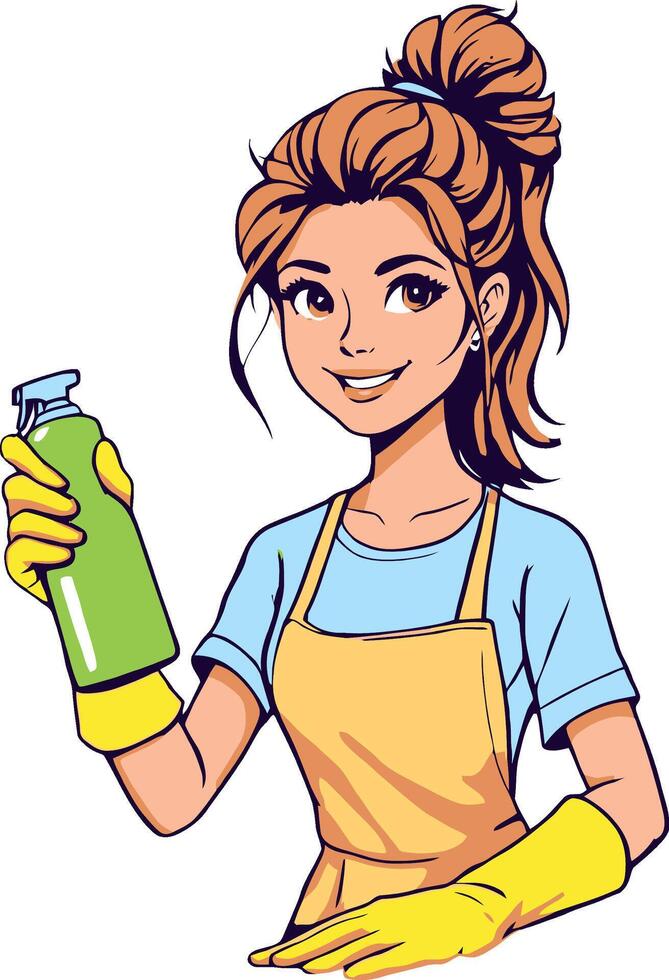 Smiling woman holding cleaning spray bottle wearing apron and gloves vector
