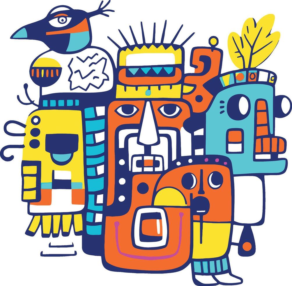 Imaginary colorful characters creating a totem pole composition vector