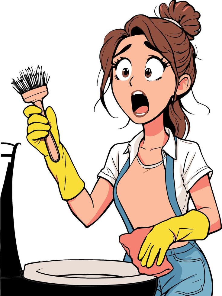Shocked woman cleaning toilet wearing gloves and holding brush and sponge vector