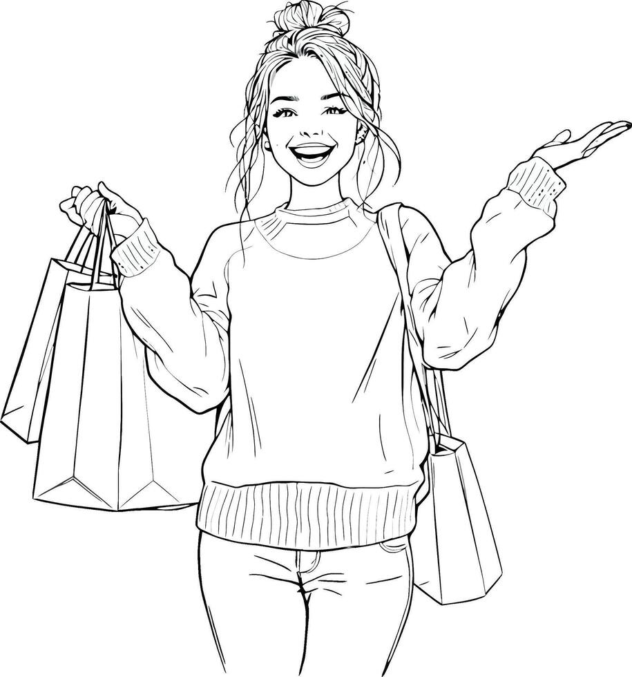 Smiling young woman showing shopping bags and presenting something vector
