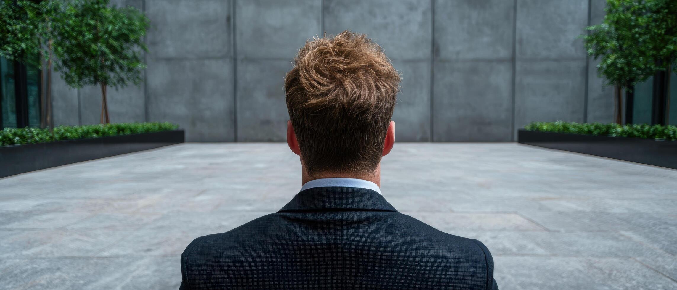 Businessman standing with his back to the camera in a modern city setting photo