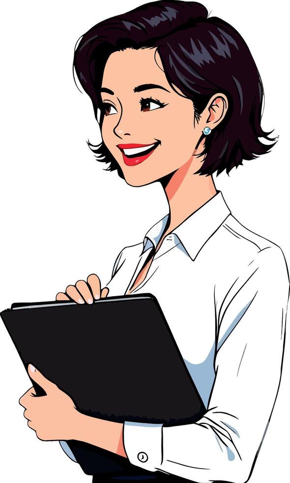 Pop art illustration of a smiling businesswoman holding a clipboard, looking up and thinking vector