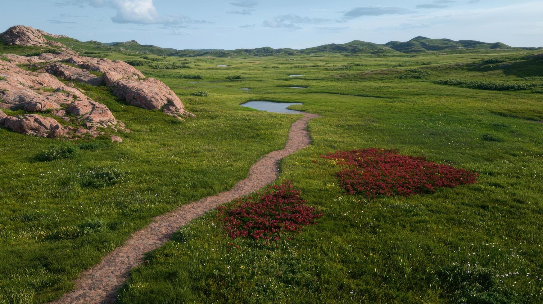 A winding path through a vibrant green meadow dotted with wildflowers photo