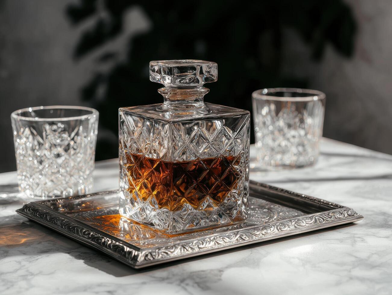 Crystal decanter of amber liquor with two glasses on a silver tray photo