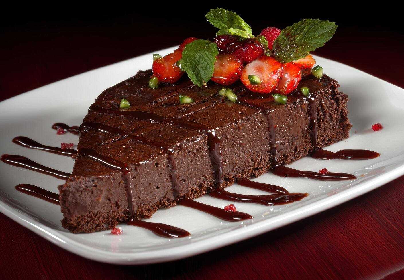 Delicious chocolate mousse cake with fresh strawberries and mint photo