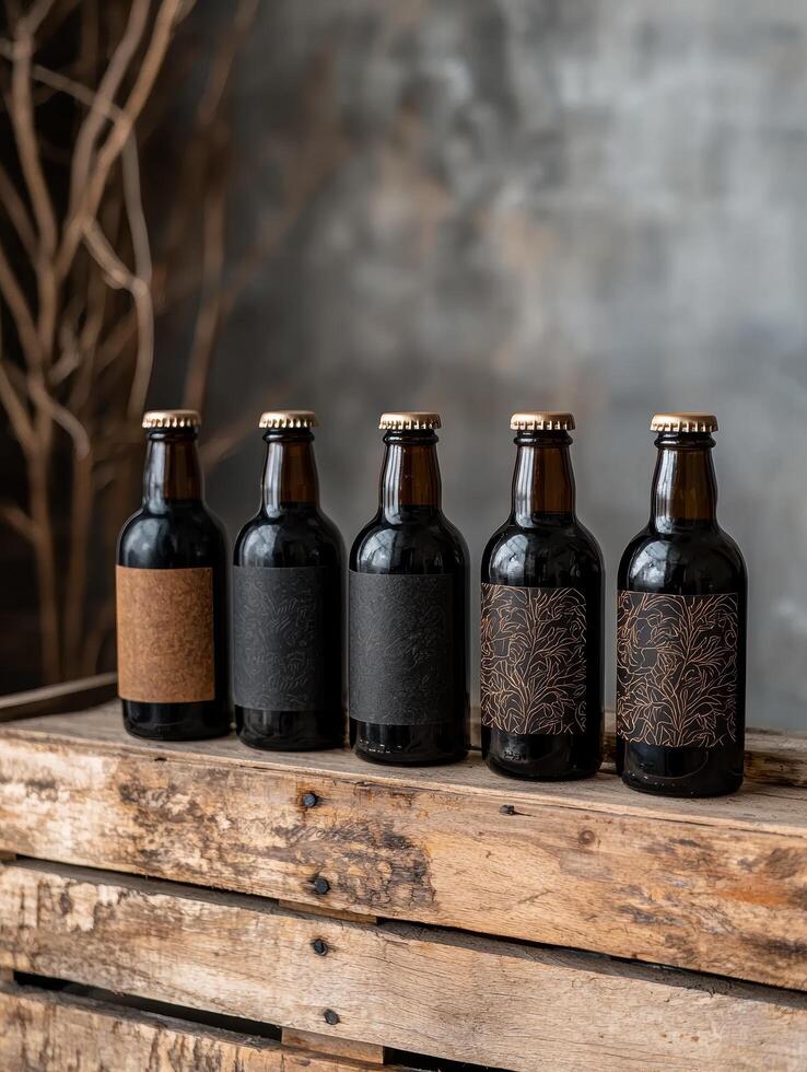 Five dark beer bottles with different labels on a wooden crate photo