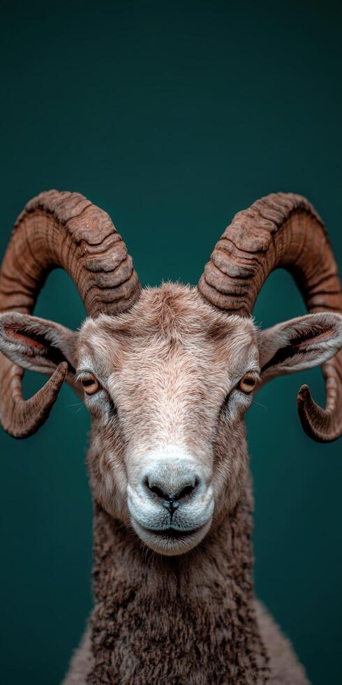 Close up portrait of a majestic ram with large horns against a dark green background photo