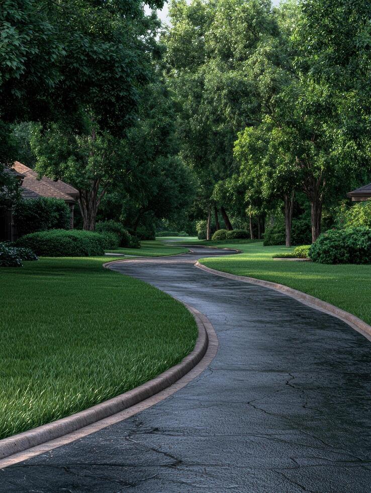 Curving residential street lined with lush green trees and lawns photo