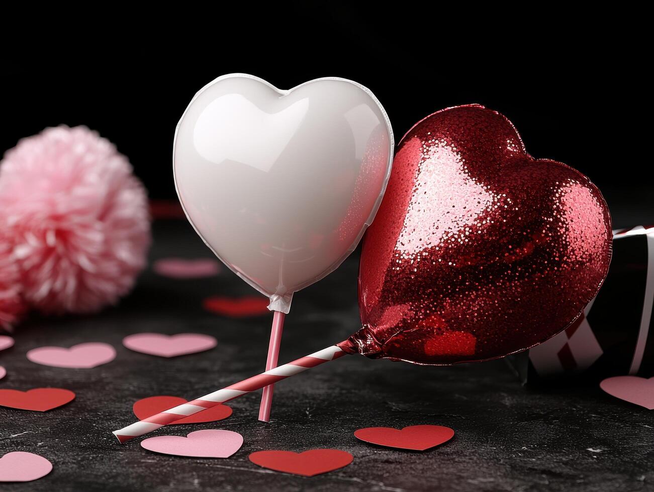 Closeup of two heart shaped lollipops on a dark background with pink and red confetti photo