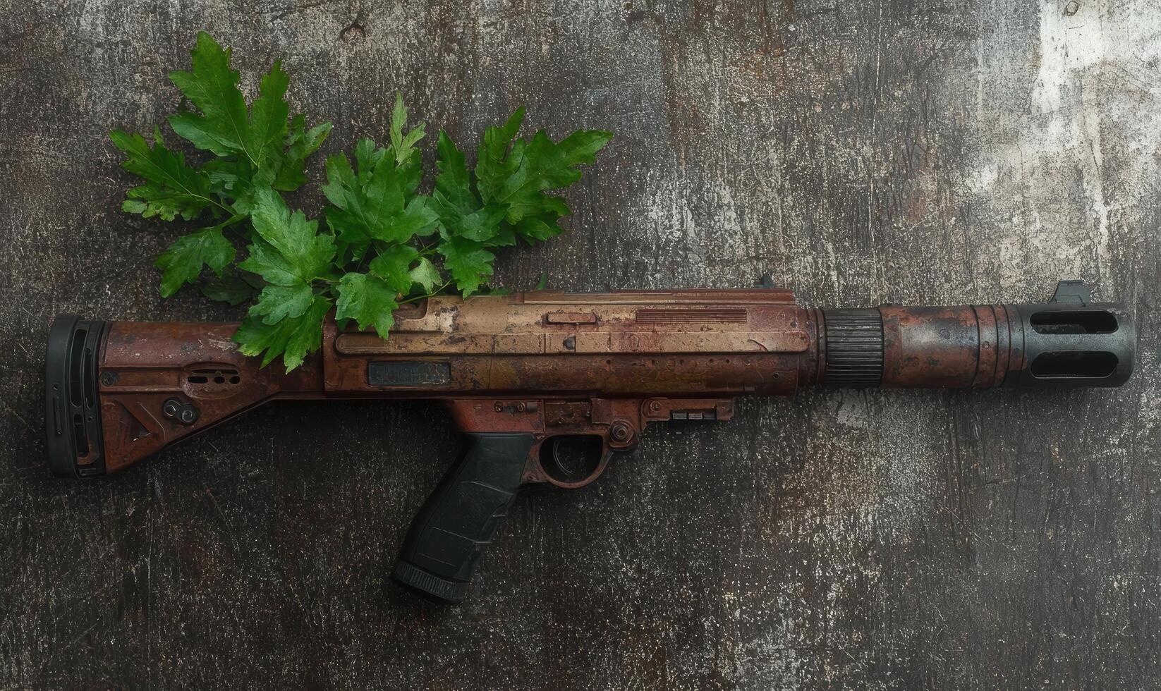 Rusty sci fi blaster with green leaves on grunge background photo