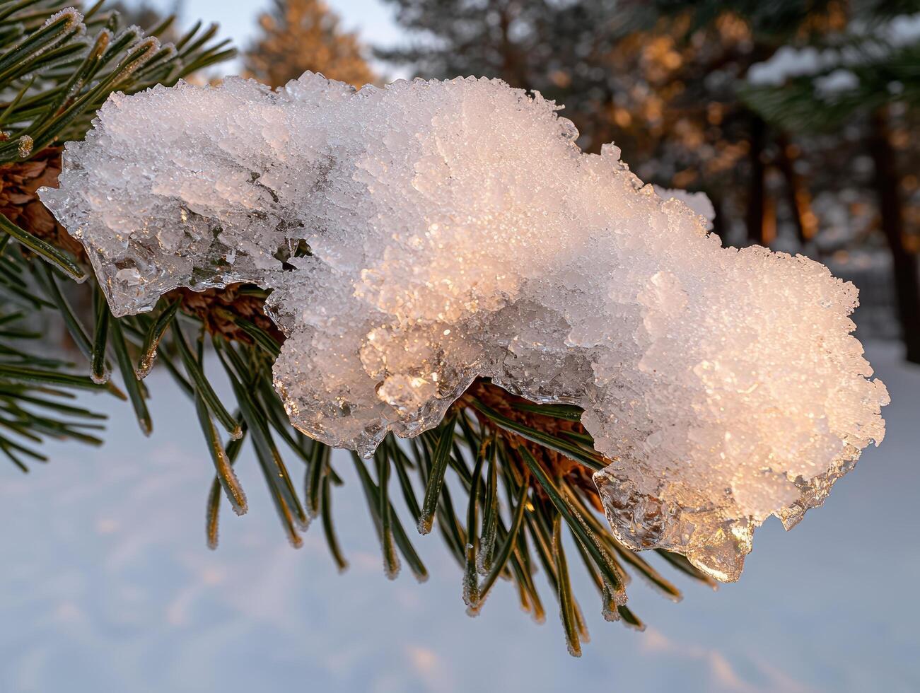 Close up of snow and ice on pine tree branch in winter photo