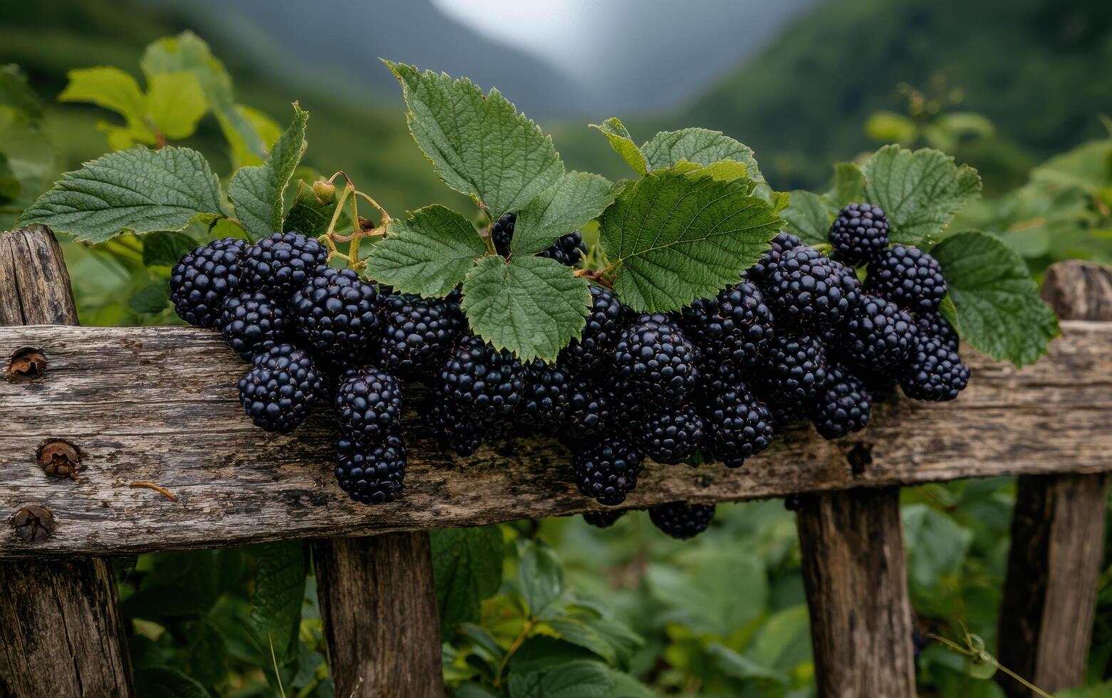 Close up of ripe blackberries on a rustic wooden fence. photo