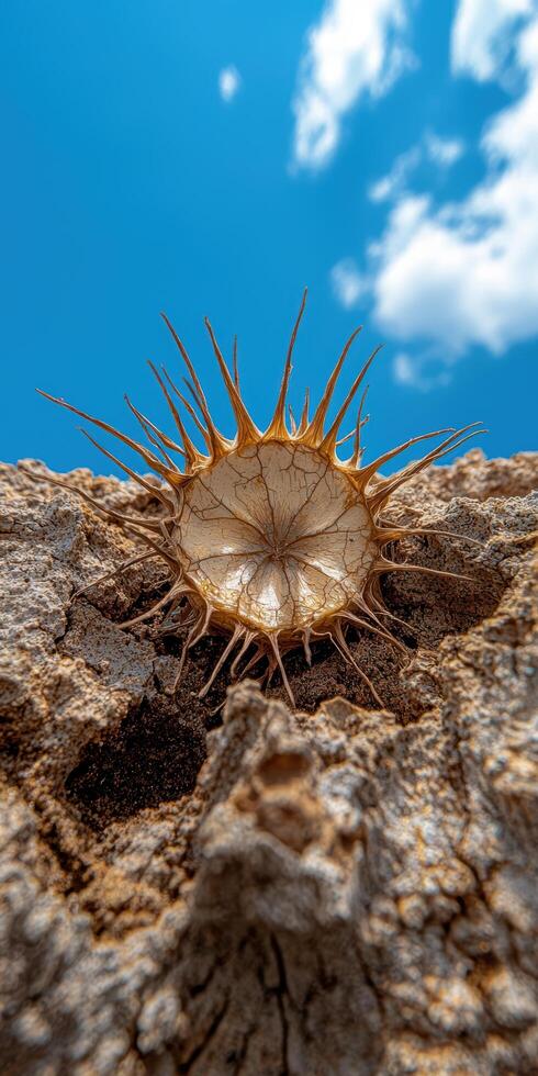 Dried plant seed head against a blue sky photo