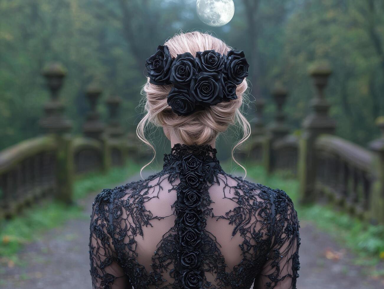Woman in black lace dress with black rose hair accessory, back view photo