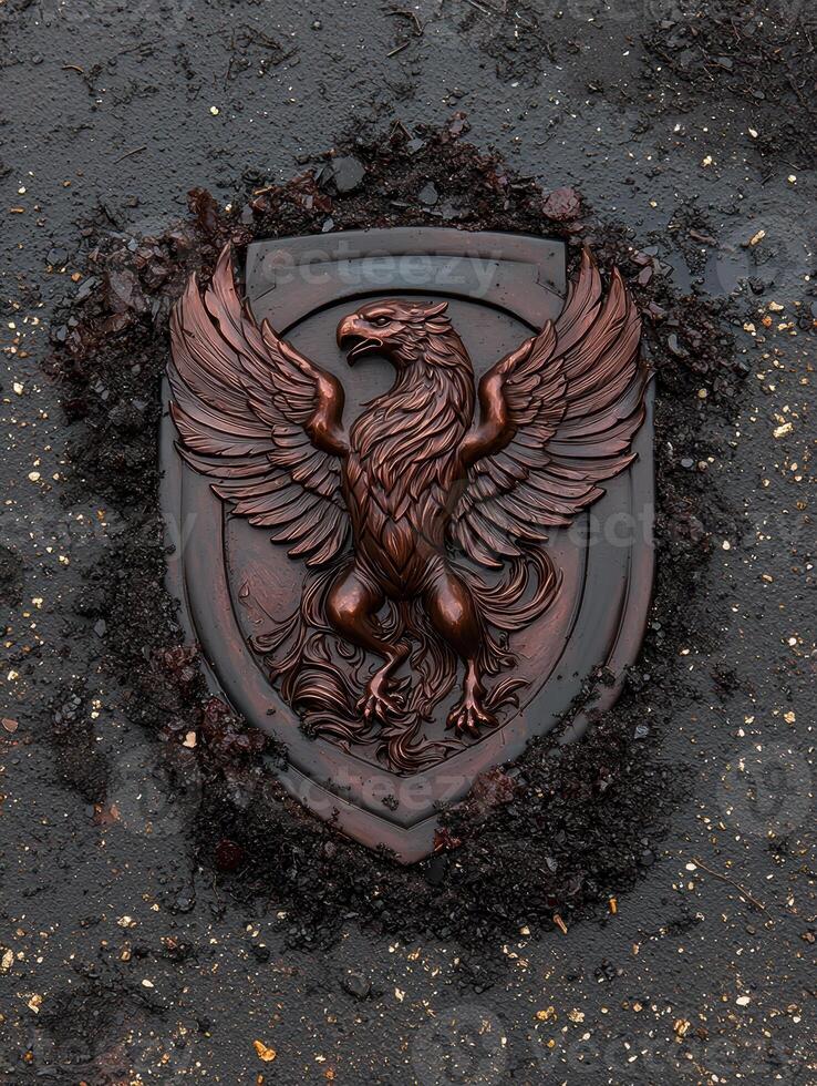 Bronze griffin shield on dark background photo